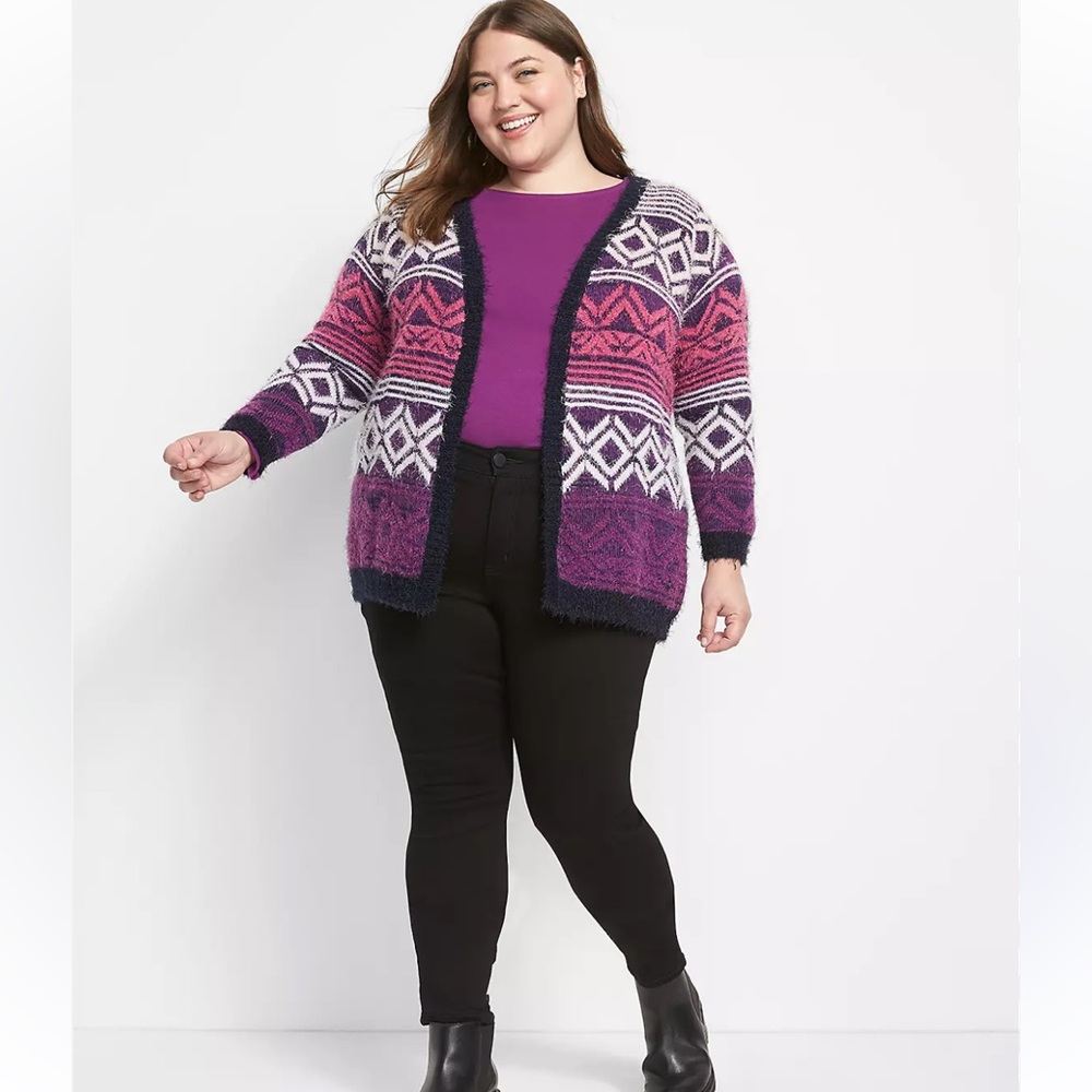 Lane Bryant Eyelash Open Front Sweater Jacket Pink Purple Fuzzy Cozy 18/20